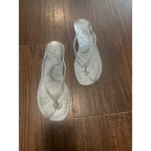 Old Navy Silver Glitter Jelly Flip Flops Y2K Sparkle Thong Sandals Womens